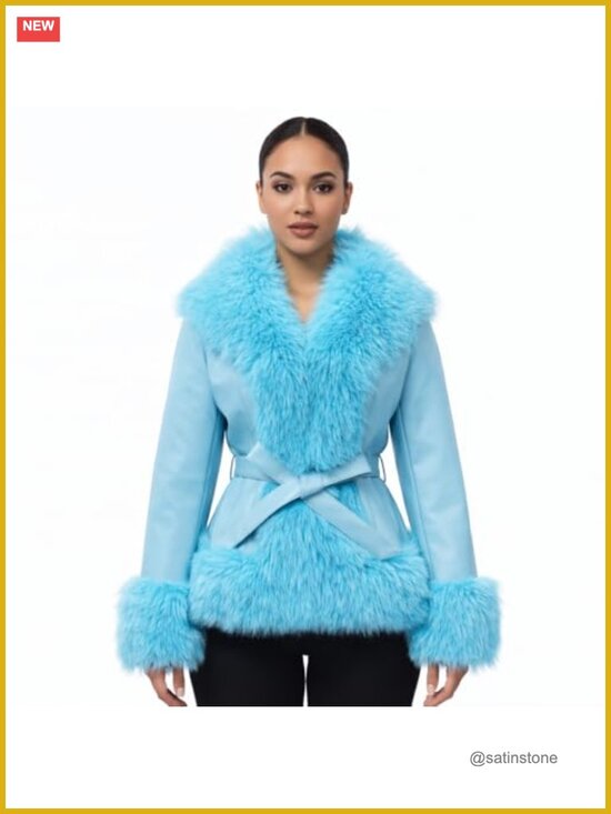 Jackets & Blazers - Women's Cropped Vegan Leather Jacket Faux Fur Trim Belted Fleece Lined